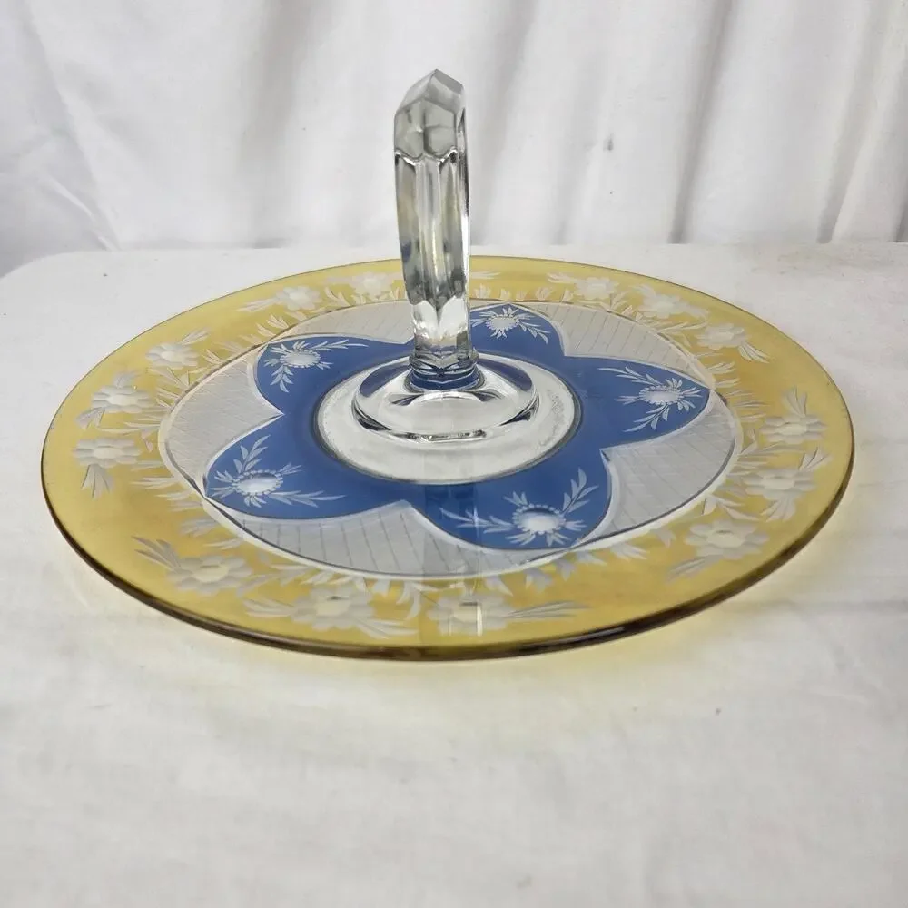 Vintage Westmoreland Crystal Blue Yellow Floral Cut Glass Sandwich Tray Dessert